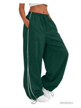 Women's Water Resistant Nylon Parachute Pants Y2K Wide Leg Tapered Track